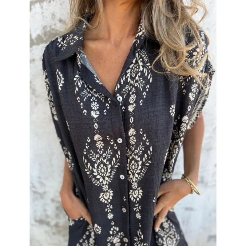 فساتين بوهو مطبوعة على الموضة للسيدات فستان قميص فضفاض بأكمام قصيرة وأزرار فستان لقضاء العطلات على الشاطئ رداء صيفي جديد
