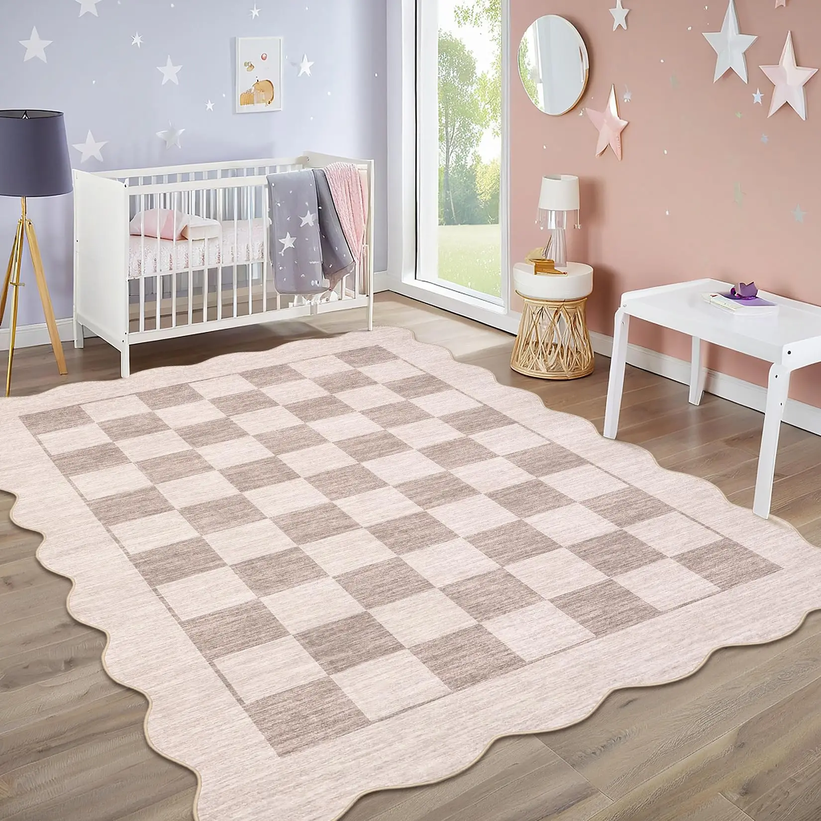Modern Scalloped Checkered Area Rug – Soft Low Pile, Non-Slip, Machine Washable Carpet – Pet Friendly, Mark Resistant, Non-Shedding – Brown