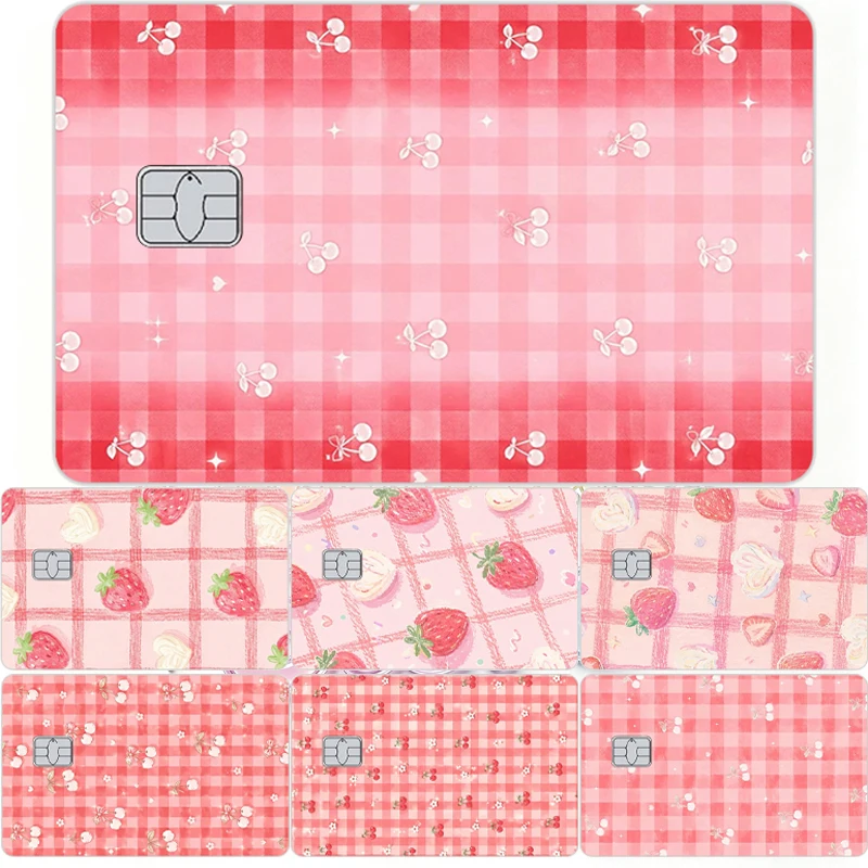 Cute Gingham Strawberry Cherry Credit Card Skin Stickers Sweet Pastel Plaid Fruit Pattern Bank Debit Visa Card Film Cover Decal