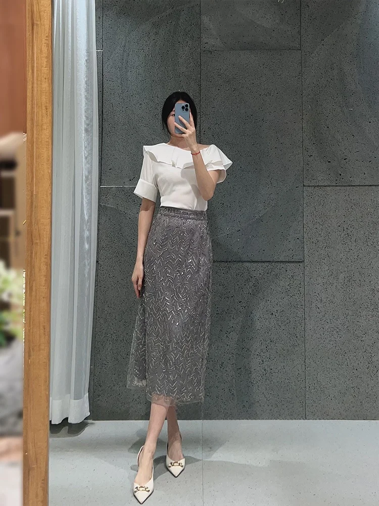 

Модная женская юбка-миди с пайетками и декоративными элементами, облегающая, с завышенной талией, А-силуэт, для повседневной носки