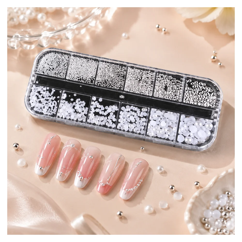 12 Gitter Weiße Halbrunde Perlen Nagelkunst-Dekoration Gemischte Größen Silber Gold Mini Stahlkugel Nieten Strass Nagelzubehör – Detail 4