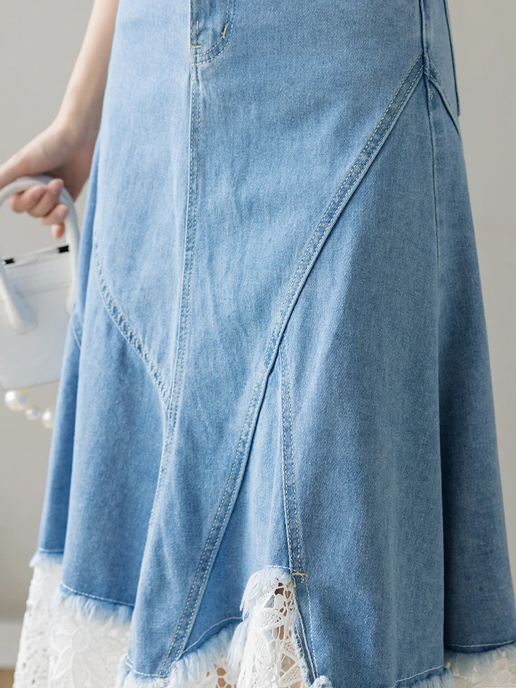 Vintage Patchwork Lace Hollow Out Jean Skirt Women Korean Fashion High Waist Midi Denim Skirt Female Zipper Casual Elegant Skirt