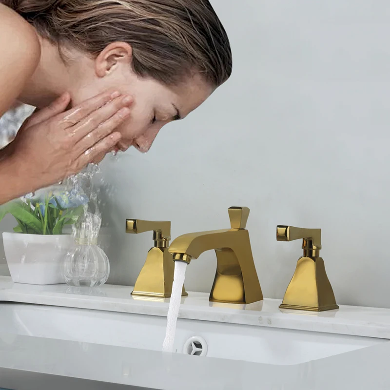 

Two Handles Three Holes Faucet Widespread Bathroom Sink Faucet Hot and Cold Mixer Washbasin Faucet Gold