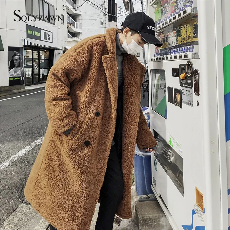 

Men Winter Warm Thicken Wool Long Jacket Korean Oversized Double Breasted Coat Casual Woolen Trench Teddy Plush Loose Overcoat