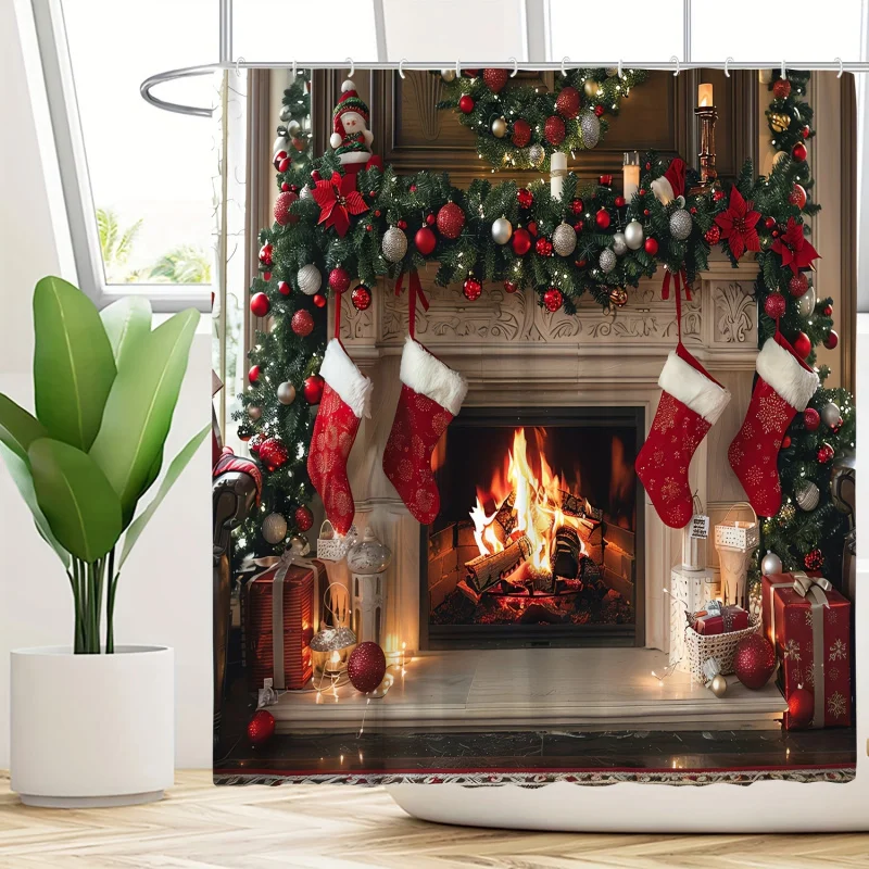 Christmas Fireplace Stockings Bathroom Set - 1PC/3PCS/4PCS, Machine Washable, Fade Resistant Polyester Bath Ensemble with Free H