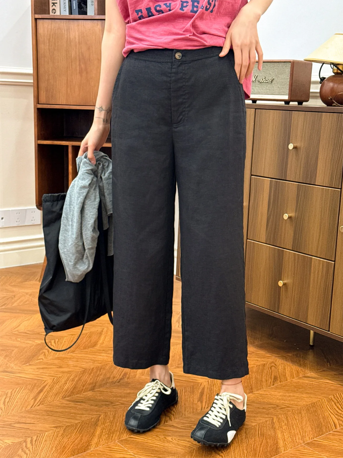 Pantalones Casuales de Lino Rectos de Doble Color para Mujer, Estilo Simple y Elástico, Nueva Colección de Verano de Zhou Xiaoya