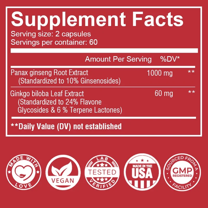 Authentic Korean Red Ginseng 1000mg + Ginkgo Biloba 60mg, Male Supplement Capsules