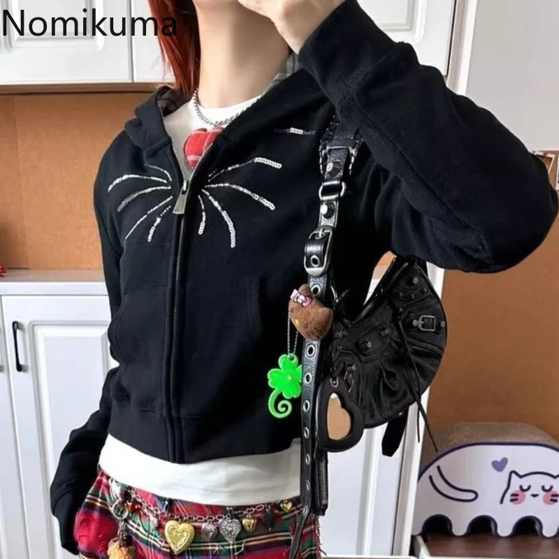 

Black Hooded Sweatshirts 2025 Women's Clothing Crop Tops Zipper Long Sleeve Beading Fireworks Hoodies Fashion Korean Jackets