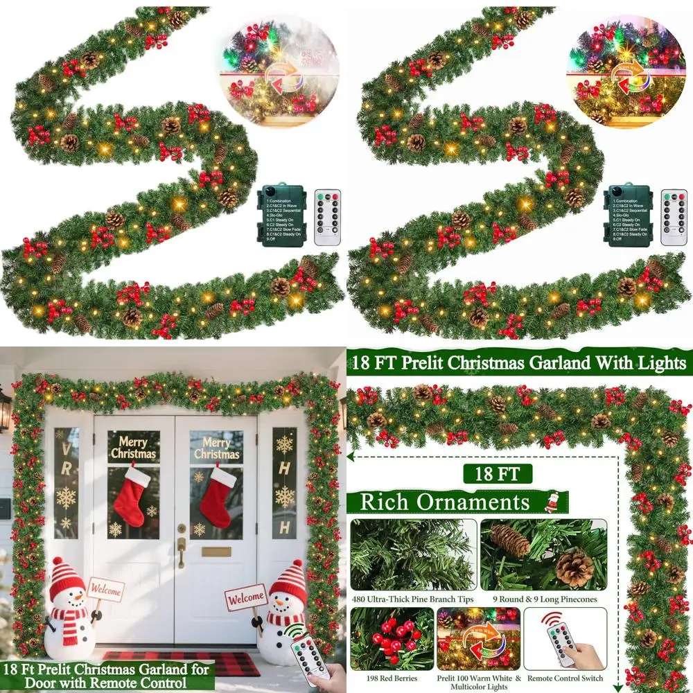 

18-Foot Long Pre-lit Christmas Garland with 480 Tips, Pinecones, Red Berries, 100 LED Lights, 8 Modes, and Timer for Holiday Dec