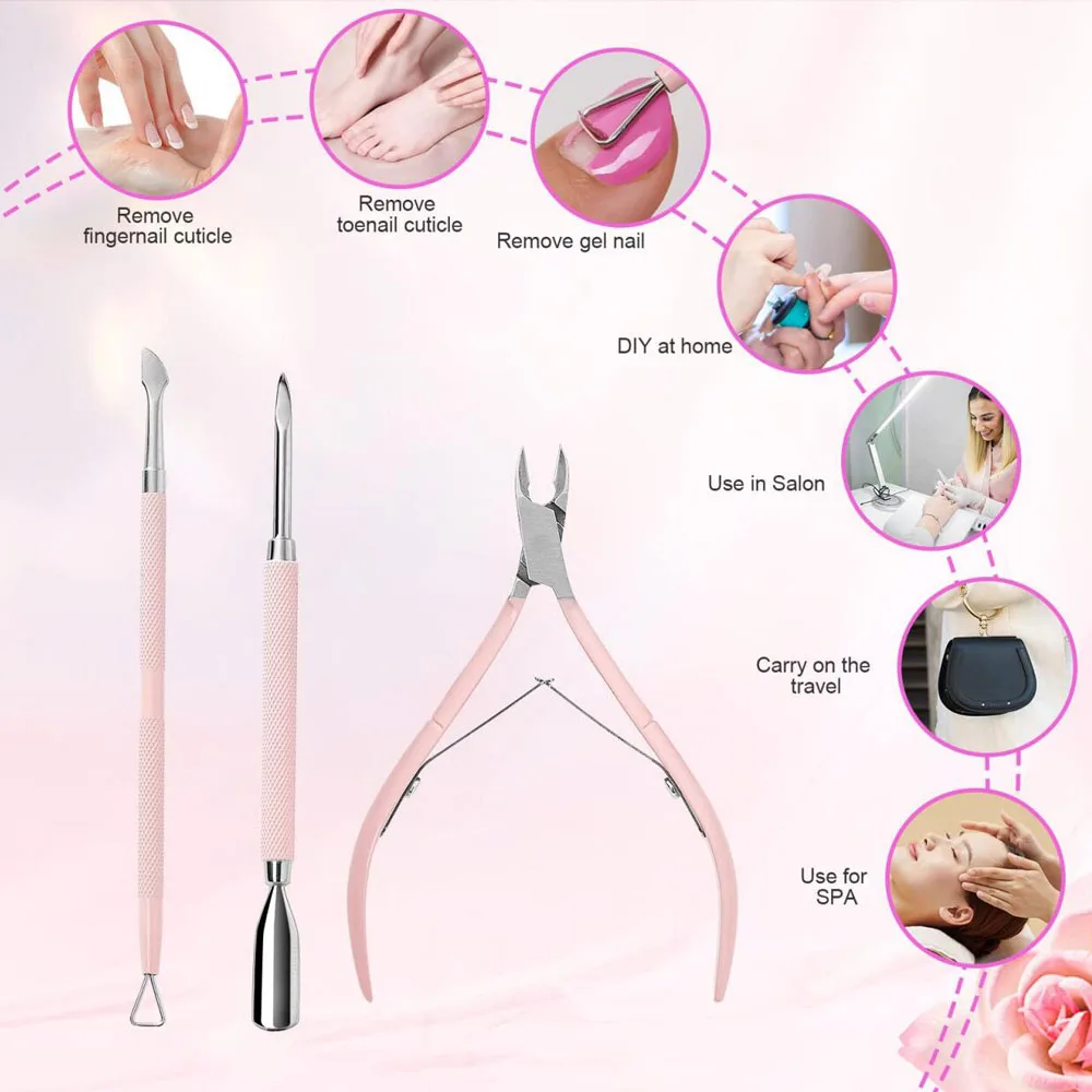 Conjunto de cortador de unhas rosa 3 tamanhos, aparador de cutícula profissional com empurrador de cutícula, ferramentas para unhas, kits de raspador de reparo de unhas de alta qualidade