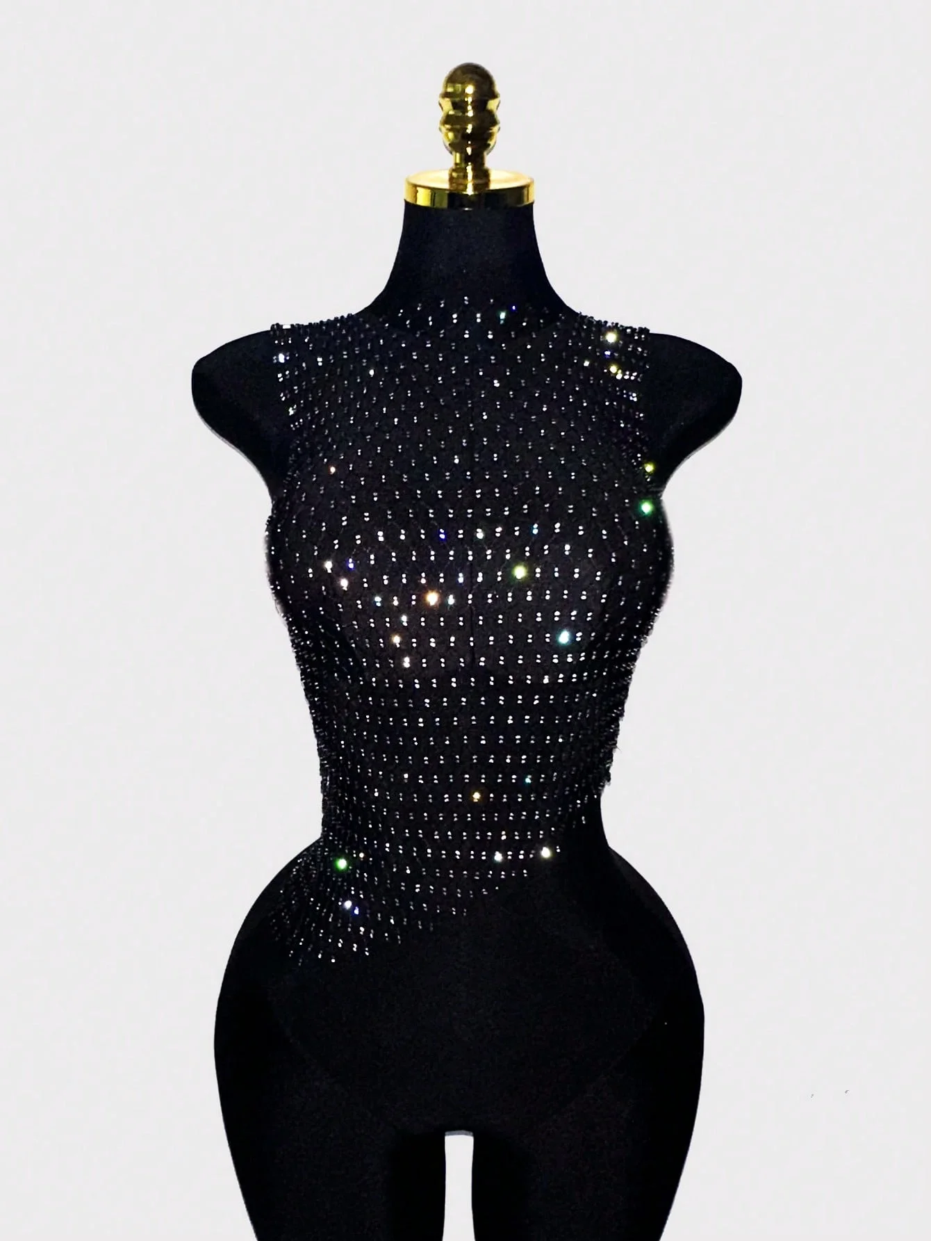 Shiny Rhinestone Elastic Mesh Women Tank Top Sexy Hollow Out Transparent Fishnet Round Neck Crop Top Nightclub Party Camisole