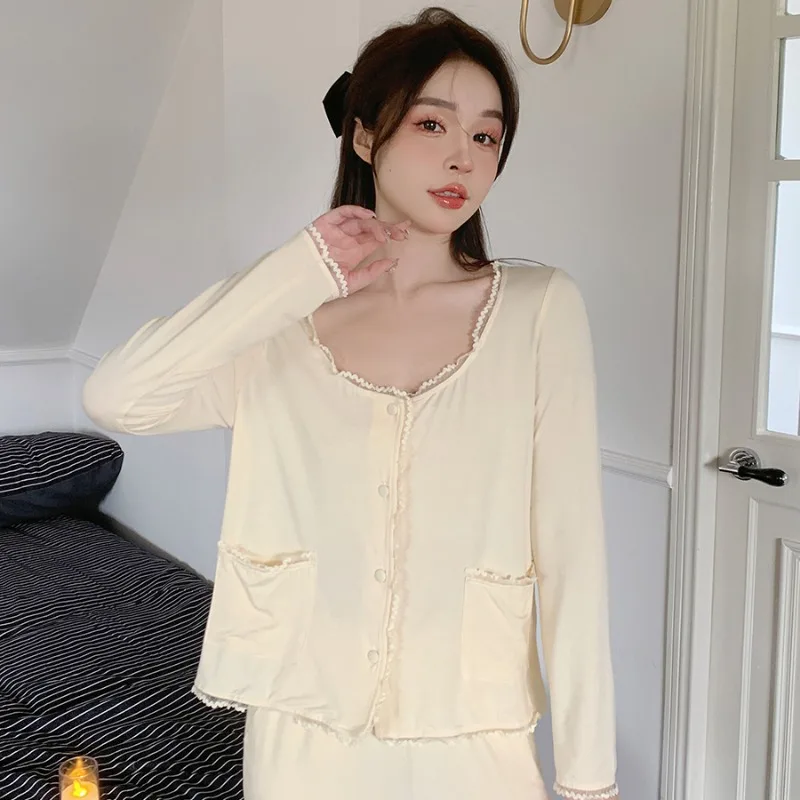 Solid Pajama Sets Women Yellow Lace Autumn Single Breasted Pockets O-neck Lovely Cozy Home Pyjamas Loose Waist Korean Style Lady