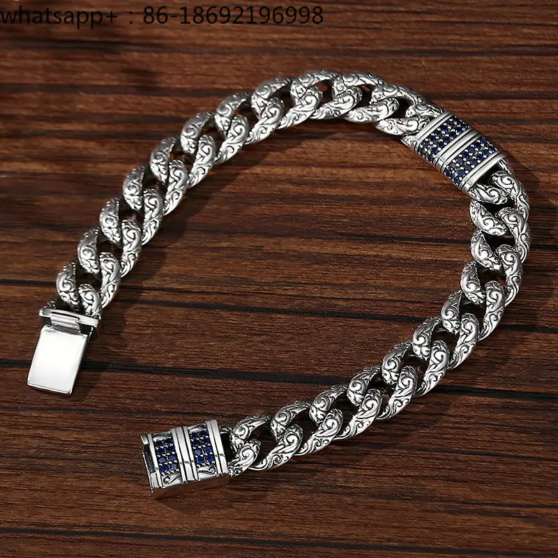 S925 Sterling Silver Solid Personality Trendy Man Domineering Retro Ethnic Style Tang Grass Pattern Cuban Chain