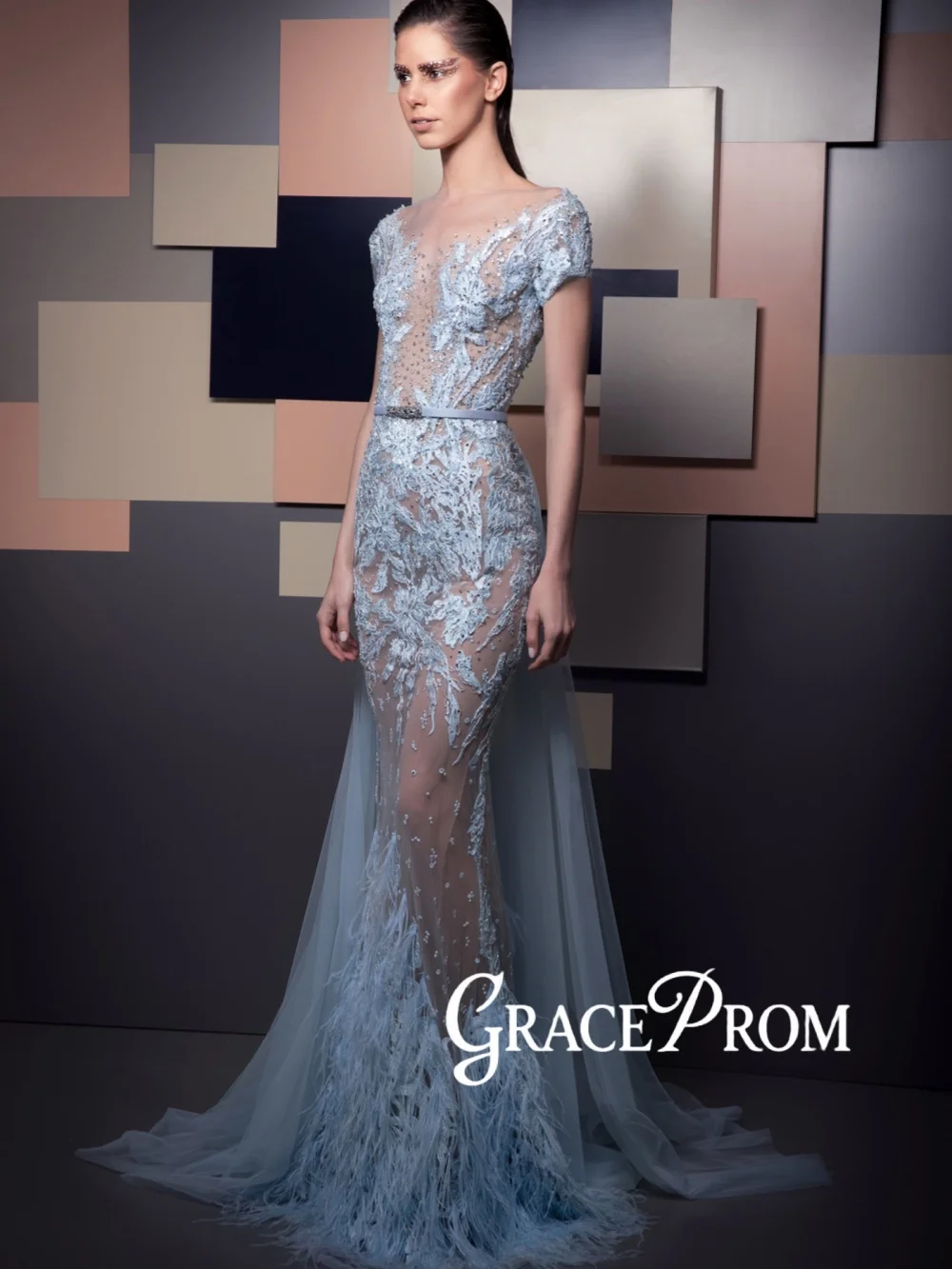 

Sky Blue Appliques Feathers Evening Dress Dazzling Luxury Beaded Wedding Party Gown Customized Illusion Mermaid Banquet Gowns