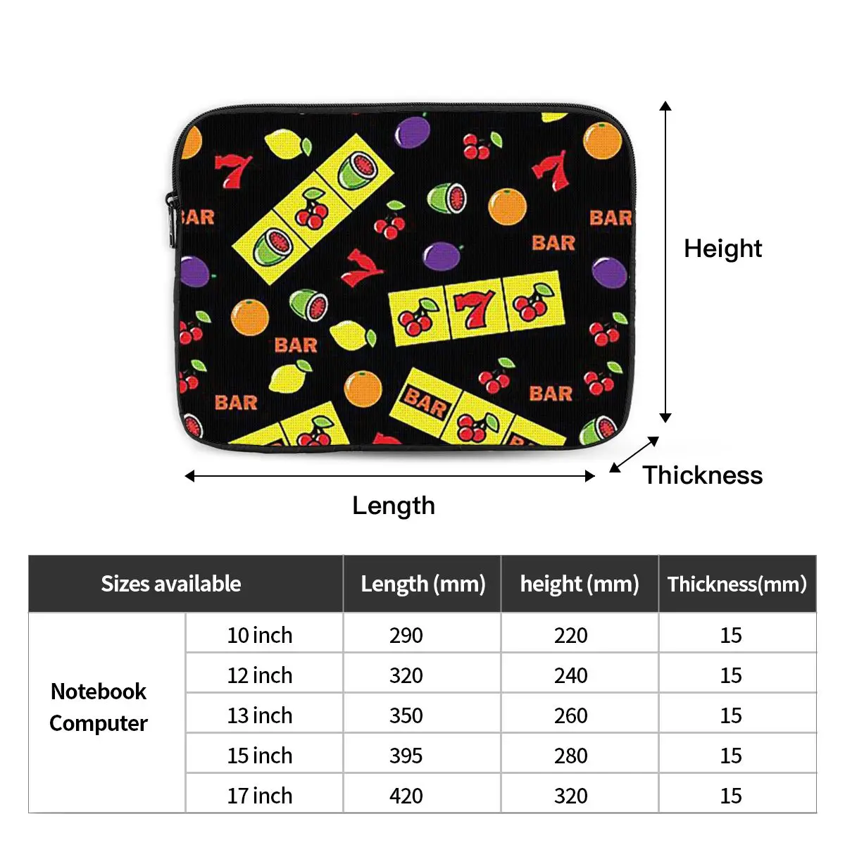 Casino Lucky Slots Cherry Melon Lemon Fruit Notebook Laptop Bag Case Pouch Notebook Sleeve Cover Bag Tablet Shockproof Case Bag