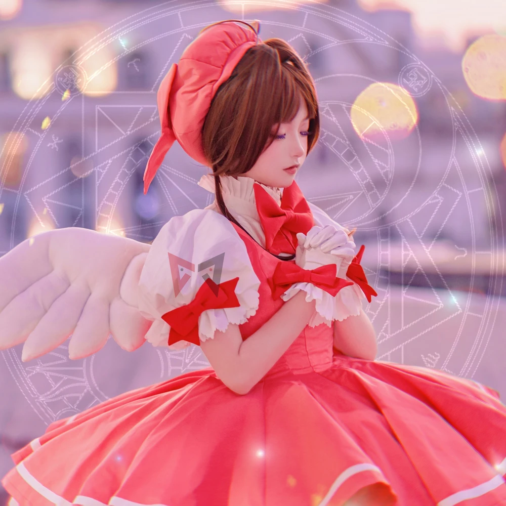 MMGG New Card Captor Cosplay Sakura Cosplay Costume Shirt Bow Gloves Hat Wing KINOMOTO Sakura Cosplay Dress Custom Made