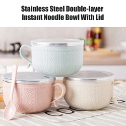 Stainless Steel Double-layer Ramen Noodles Bowl Anti-scalding Instant Noodle Bowl Large Capacity With Lid And Spoon Tableware