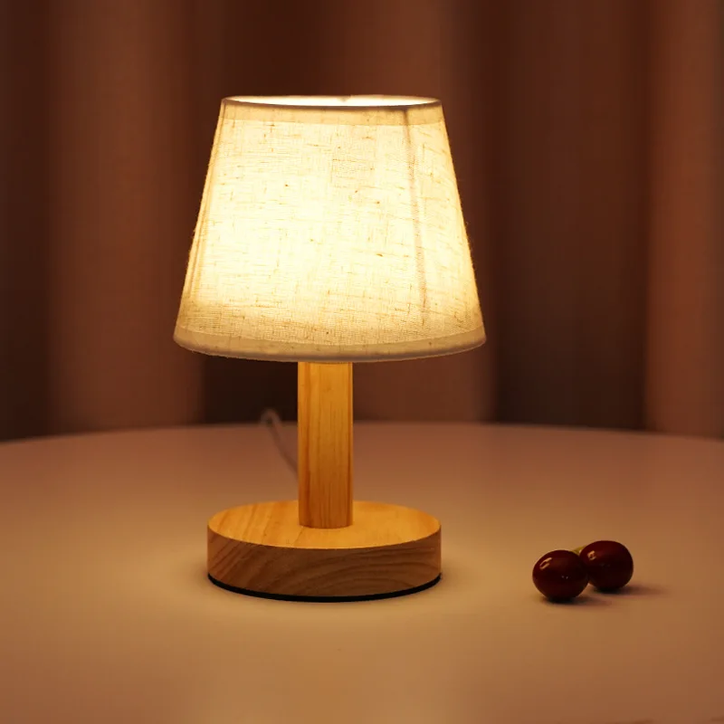 Solid Wood Night Lamp New Linen Table Lamp LED Desk Lamp Eye Protection Nightstand Lamp USB Powered Beside Lamp Bedroom Decor