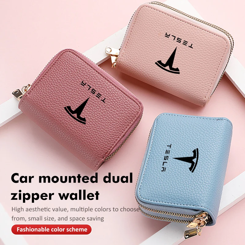 Fashion Wallet Car Mounted Card Bag Double Zipper Coin Holder For Tesla Model Y 3 S X Roadster Bonina