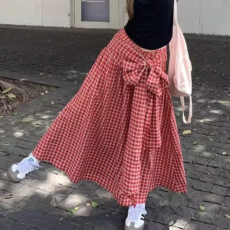 Retro Rot Plaid Print Röcke für Frauen Hohe Taille Bogen Strap Röcke Mode Sommer frauen Kleidung Weibliche Lange Röcke Streetwear
