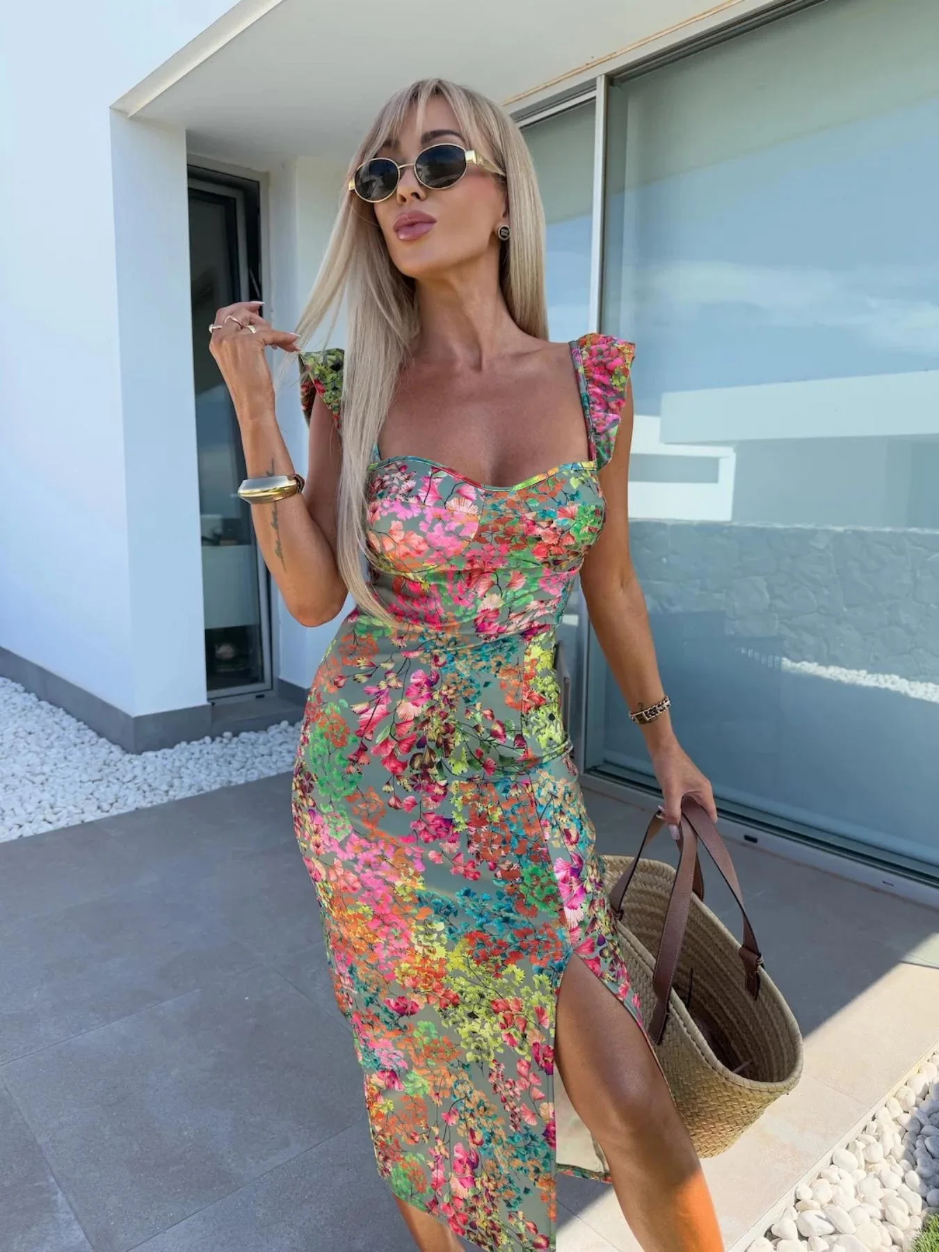 Verão novo design elegante francês floral camisola dividida midi vestido para mulher