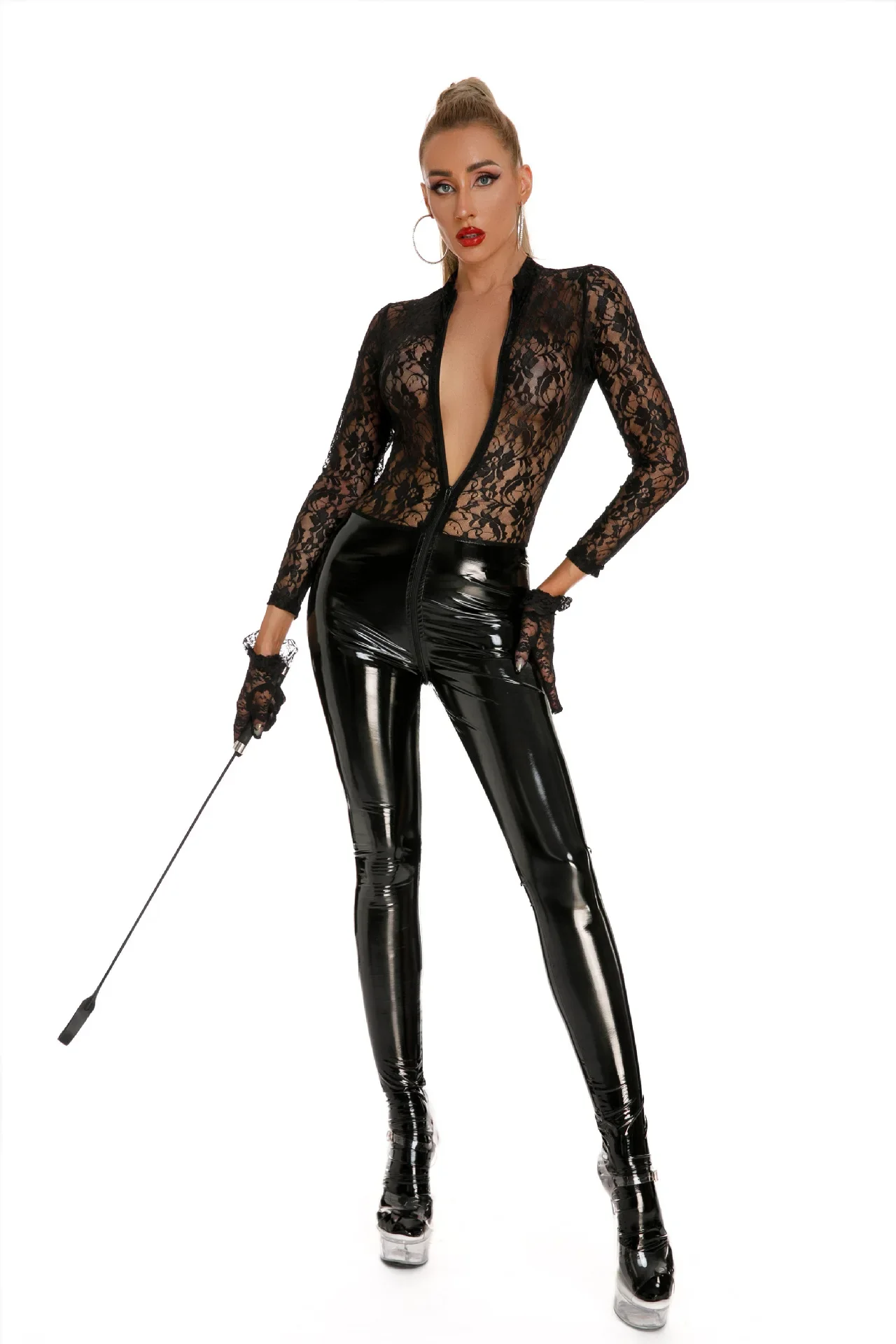 Sexy Women Wetlook PVC Faux Leather Splicing Lace Fetish Exotic Jumpsuit Stage Clubwear PU Shiny Zipper Teddy Lingerie