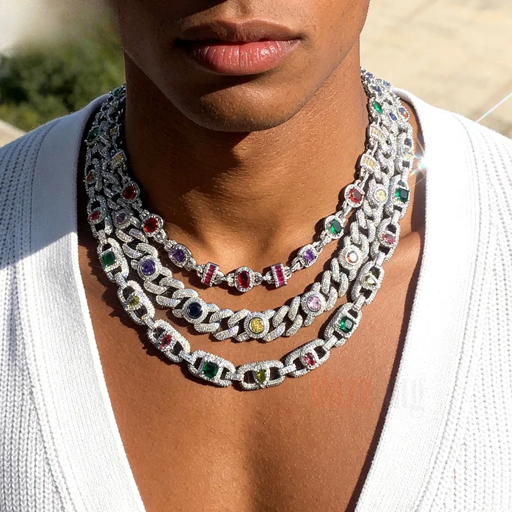 

New Hip-Hop Style Cuban Necklace and Bracelet with Inlaid Colored Zircon Stones, Trendy and Fashionable Rap Punk Series.