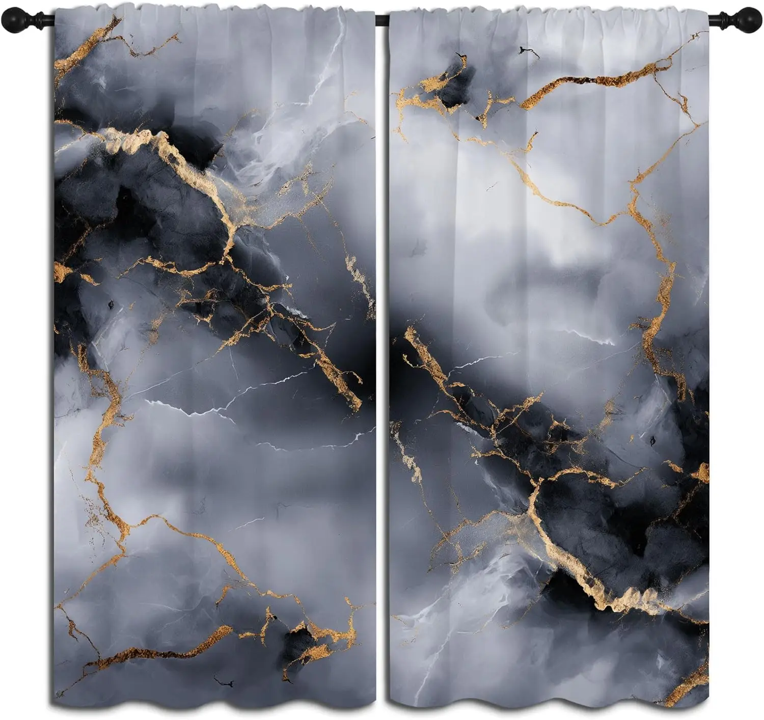 Marble Blackout Curtains for Boys Girl Bedroom Decor,Golden Cracks Black White Texture Abstract Thermal Insulated Rod Pocket