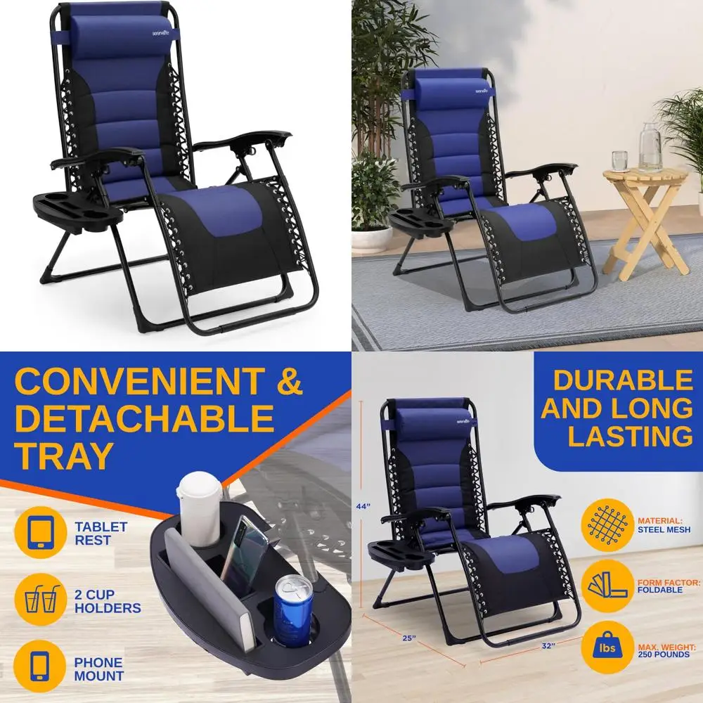 

Padded Zero Gravity Recliner Chair - Adjustable Foldable Lounger with Side Table, Cup Holder, and Headrest, Lockable