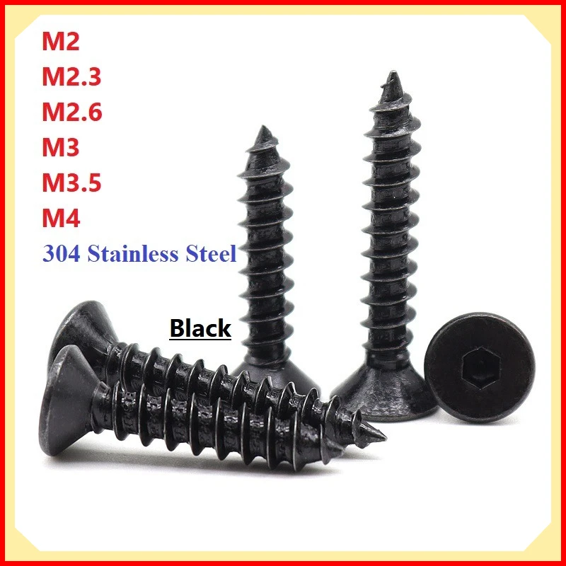 Allen Hex Hexagon Socket Flat Countersunk Head 304 Stainless Steel / Self Tapping Screw M2 M2.3 M2.6 M3 M3.5 M4 Black