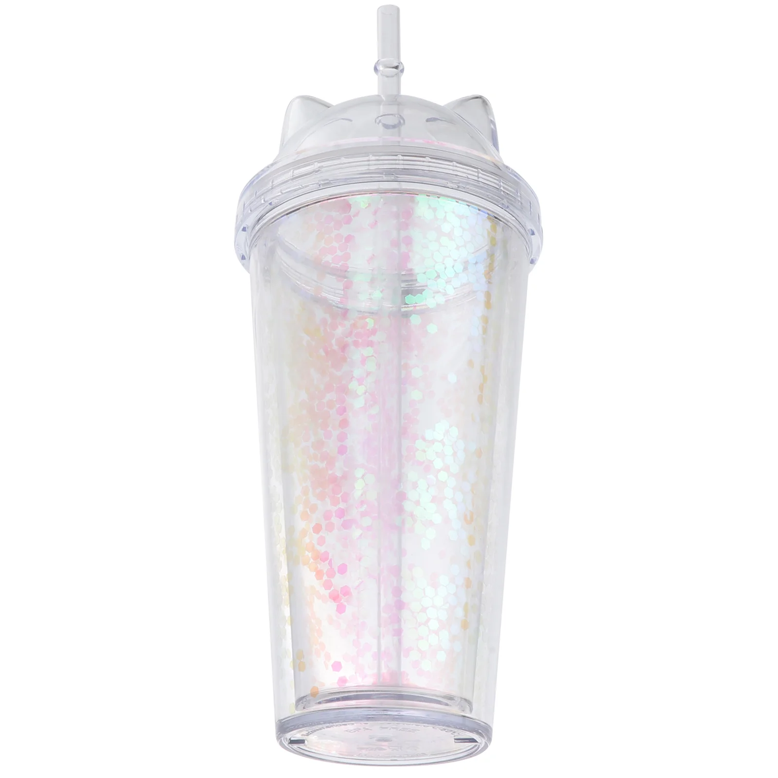 1Pcs Botol Minum Telinga Kucing Berlapis Ganda dengan Payet 420ml, Gelas Plastik Berdinding Ganda dengan Sedotan, Bergaya untuk Perjalanan, Kantor, dan Sekolah