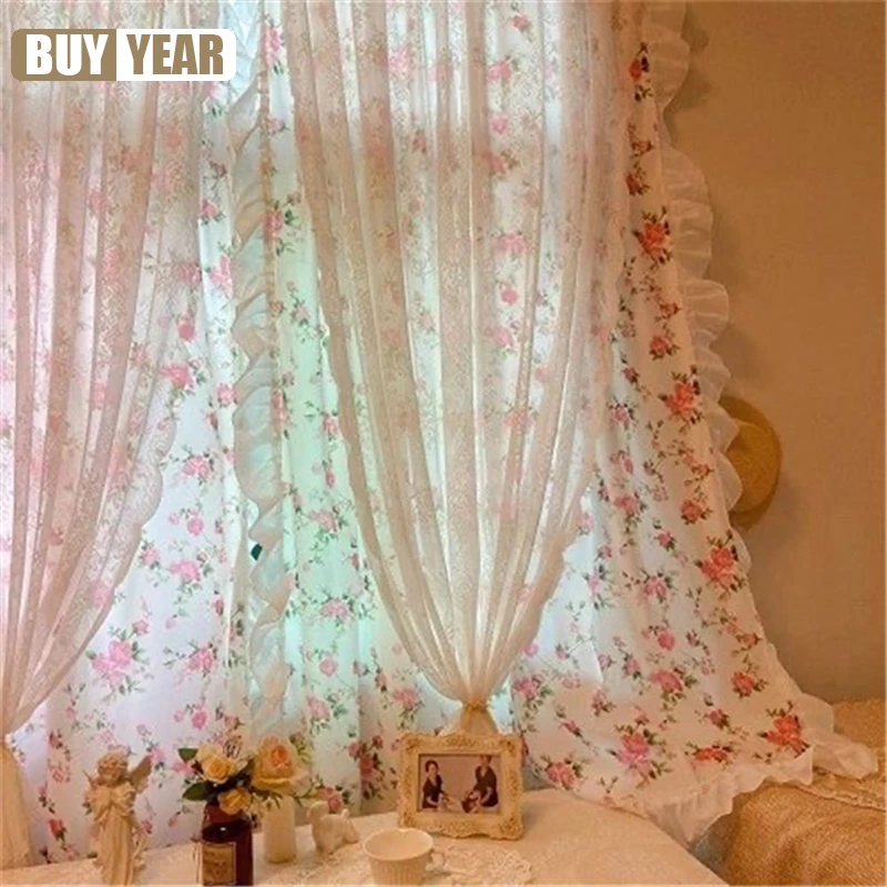 

French Idyllic Double-layer Ruffle Side Lace Flowers Curtains Living Room Polyester Cotton Pink Curtain Cloth Kitchen #A369