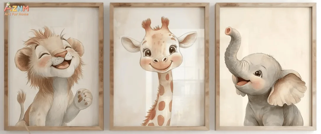 [2D Flat]1/3Pcs Canvas Poster(No Frame!!!), Watercolor Safari Animal Nursery Wall Art Set, Cute Smiling Lion Giraffe and Elephan view 4
