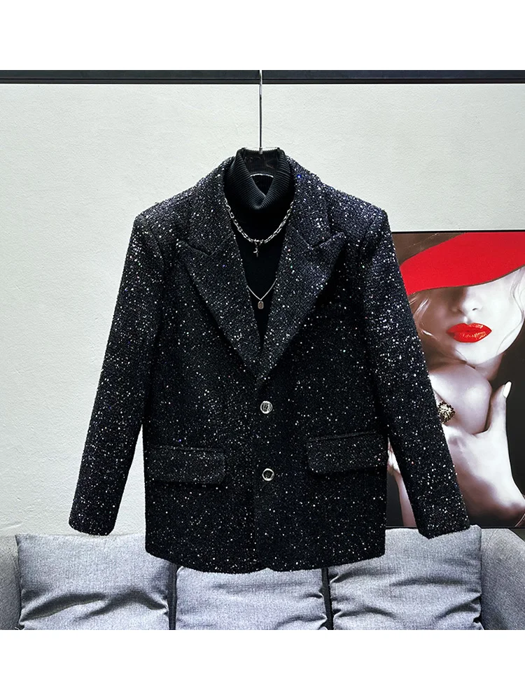 

Men's Casual Glitter Tweed Jaet Loose Fit Single Button Long Sve Spring Autumn Faionable Street Sle Korean Version