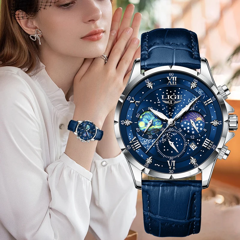LIGE Fashion Elegant Woman Watch Classic Retro Casual Moon Phase Leather Belt Waterproof Luminous Quartz Watches for Women Gifts