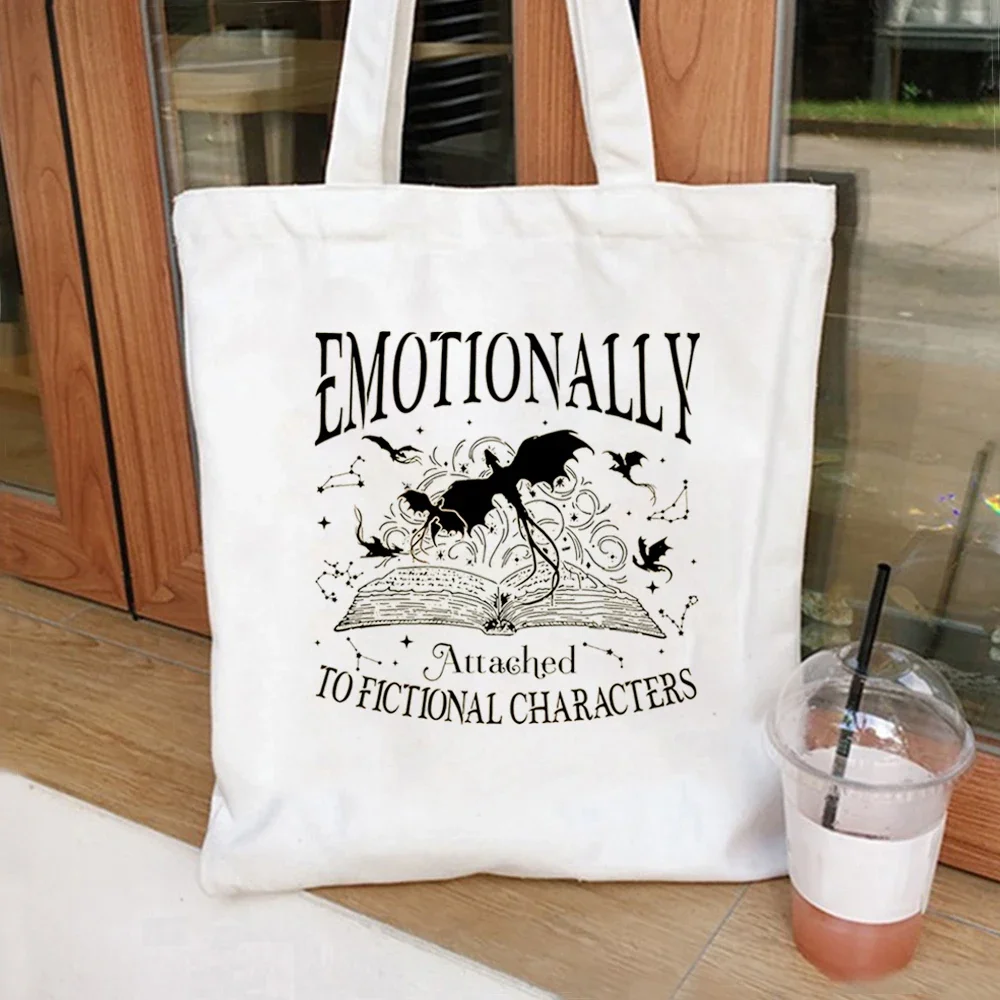 

Emotionally Attached To Fictional Ladies tote bag Fantasy Book Fourth Wing Tote Bags HandBag Vintage Dragon Rider Book Lover Bag