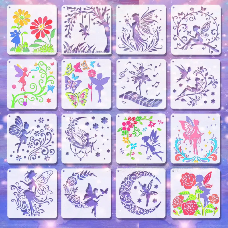 16pcs Elf Painting Template PET Material Flower Fairy Decoration Fairy Spray Flower Hollow Painting Board DIY Template for Kids