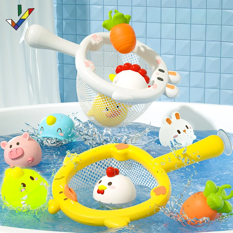 Baby Bath Toys Cute Rabbit Duck Net Fishing Cartoon Glowing Ball Toddler Swimming Pool Water Play Toys Soothe Emotions Kids Gift