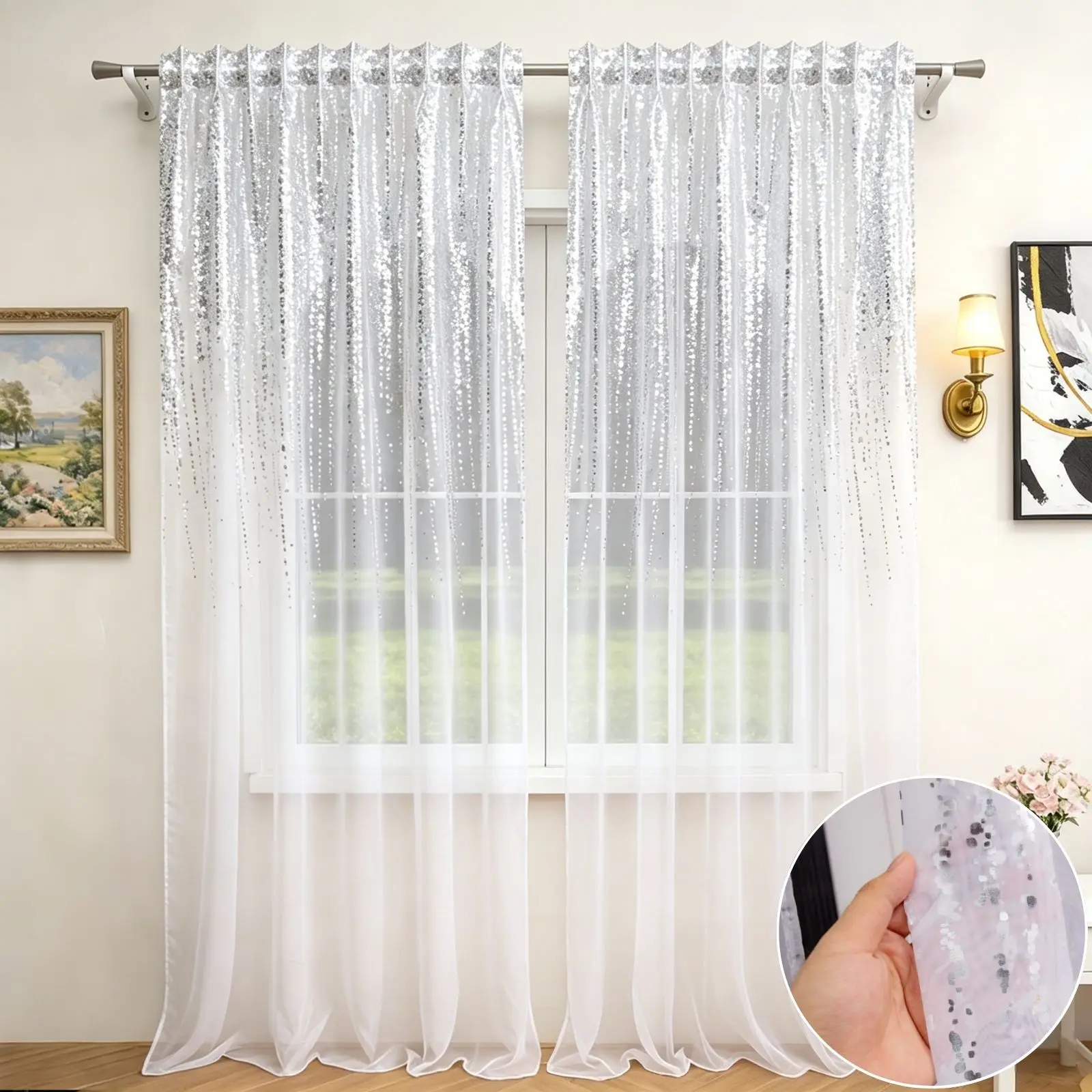 2PCS Semi Transparent Sheer Curtains With Gradient Silver Glitter Print, For Living Room Bedroom, Sweet Housewarming Gift