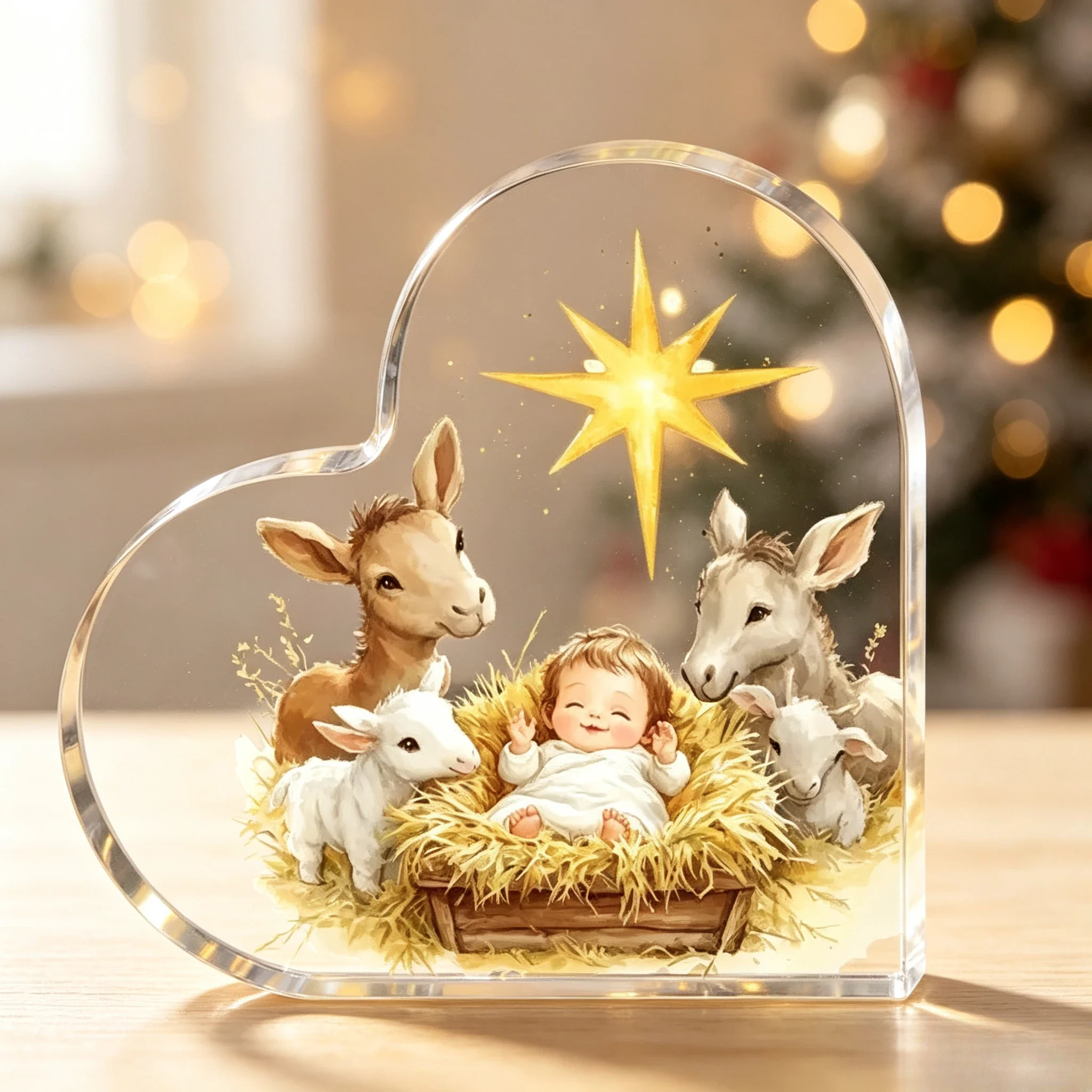 Manger Birth of Jesus Animal Figure Clear Heart Acrylic Plaque Xmas Religious Home Tabletop Gift