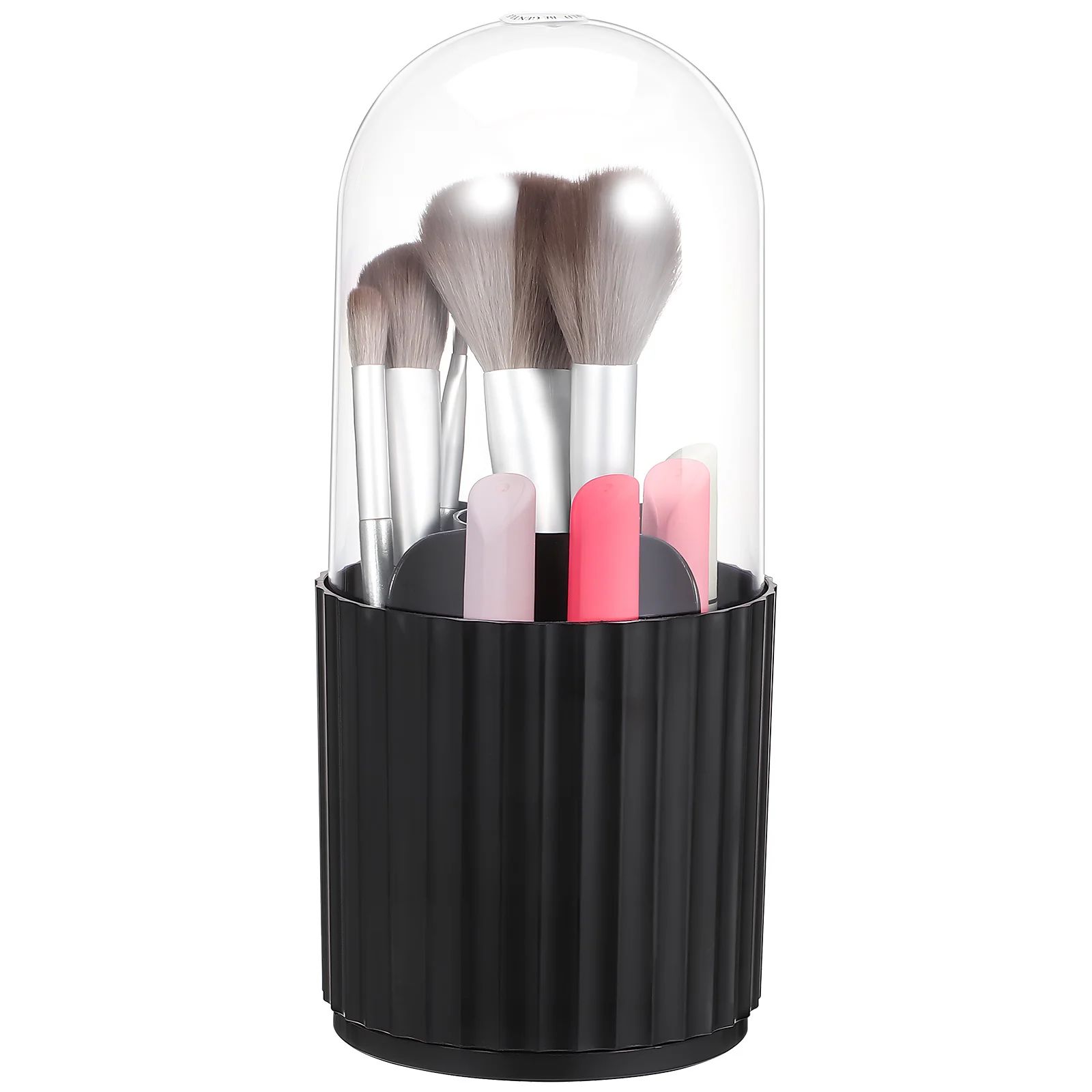 回転式メイクブラシオーガナイザー、クリアカバー付き、多機能化粧台用カップ、ブラシ、ペン、リップグロスチューブ、コンパクトに収納可能