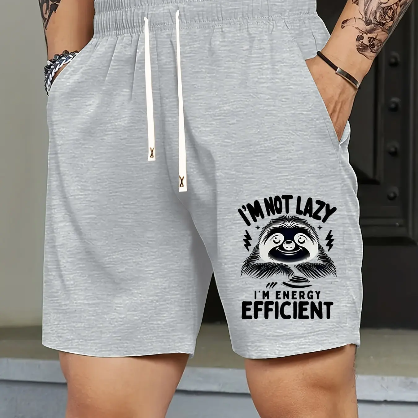Men's Shorts with Sloth Pattern Print, Featuring Waistband and Pockets, Summer Street Fashion Shorts