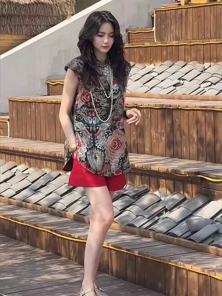 

Early Autumn New Chinese Sle National Trend Print Top ort Pants Two-Piece Set Faionable Women's Ensemble Summer Casual ...