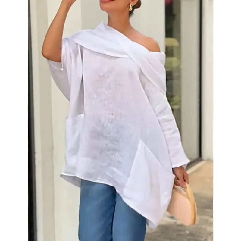 

2025 Women's New Off Shoulder Blouse Bat Sleeve with Pocket Top Spring Summer Loose Irregular Hem Shirt Plus Size Blusas Female