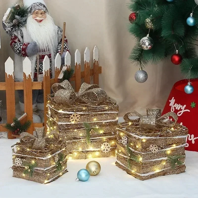 3pcs Christmas Decoration Iron Frame Christmas Gift Box Pile Head Holiday Shopping Window Decoration 2023 New (Without Battery)