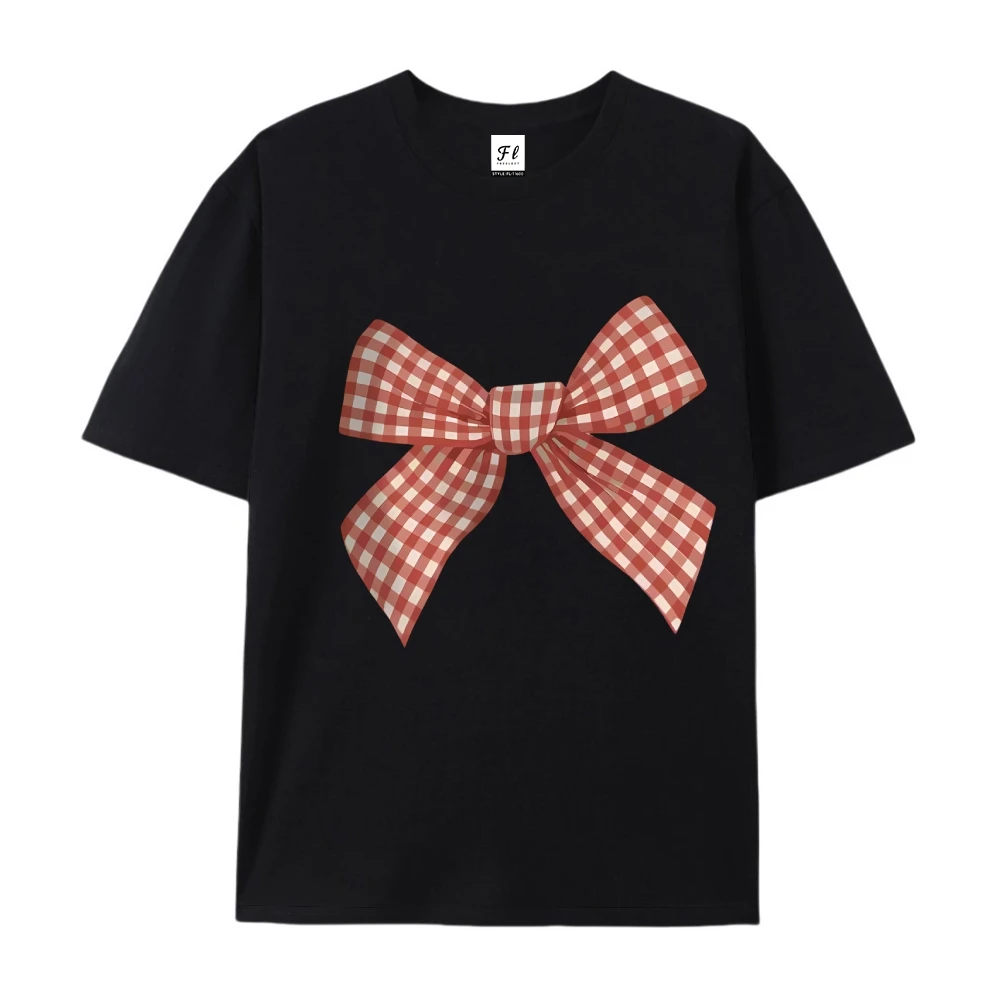 T-Shirt à manches courtes et col ras du cou pour femme, vêtement d'été décontracté, avec nœud vichy, imprimé graphique, confort, coupe régulière