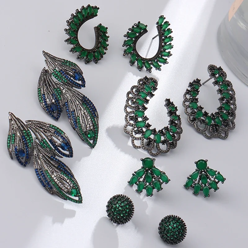 Luxury High Quality Inlay CZ Green Drop Earrings All Type Zircon Crystal Earring for Women Engagement Party Statement Jewelry