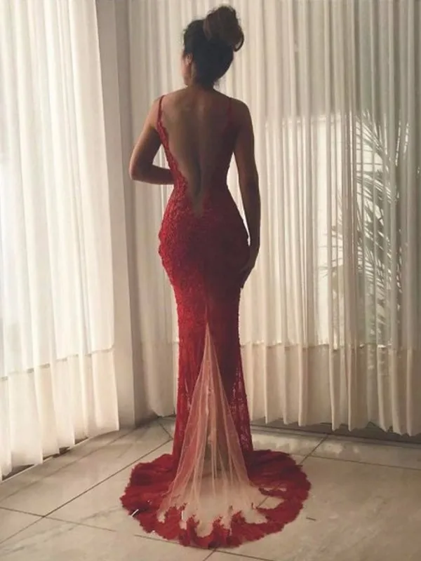 Sexy Red Lace Evening Dresses Backless V Cổ Cao Chia Dài Áo Prom Cổ Điển Illusion Sheer Trang Phục Chính Thức Đêm Đảng Dress robe De