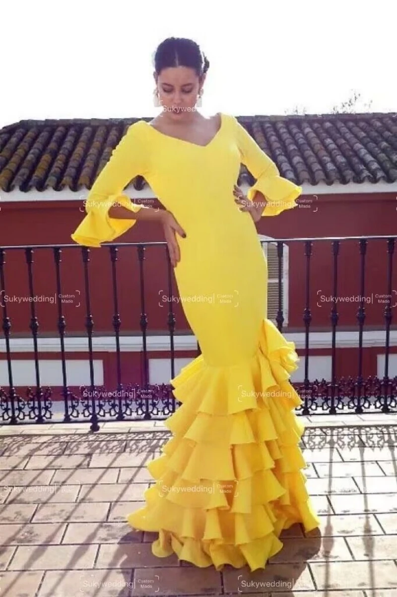 Yellow Mermaid  Prom Dresses Flamenca Formal Dance Dresses Fairy Sleeve Mesh Spanish  Ruffles Evening Dress Customized