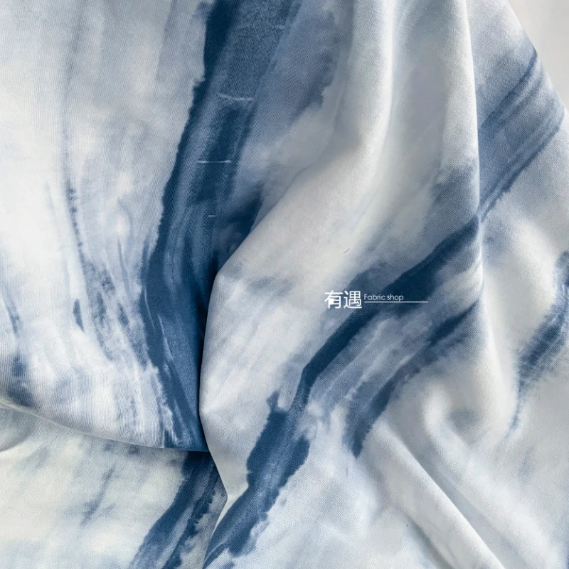 Knitted Fabric Blue White Tie Dye Knitted Cotton Creative Coat Skirt Clothing Fabrics Material for Clothes Cloth Diy By Meter